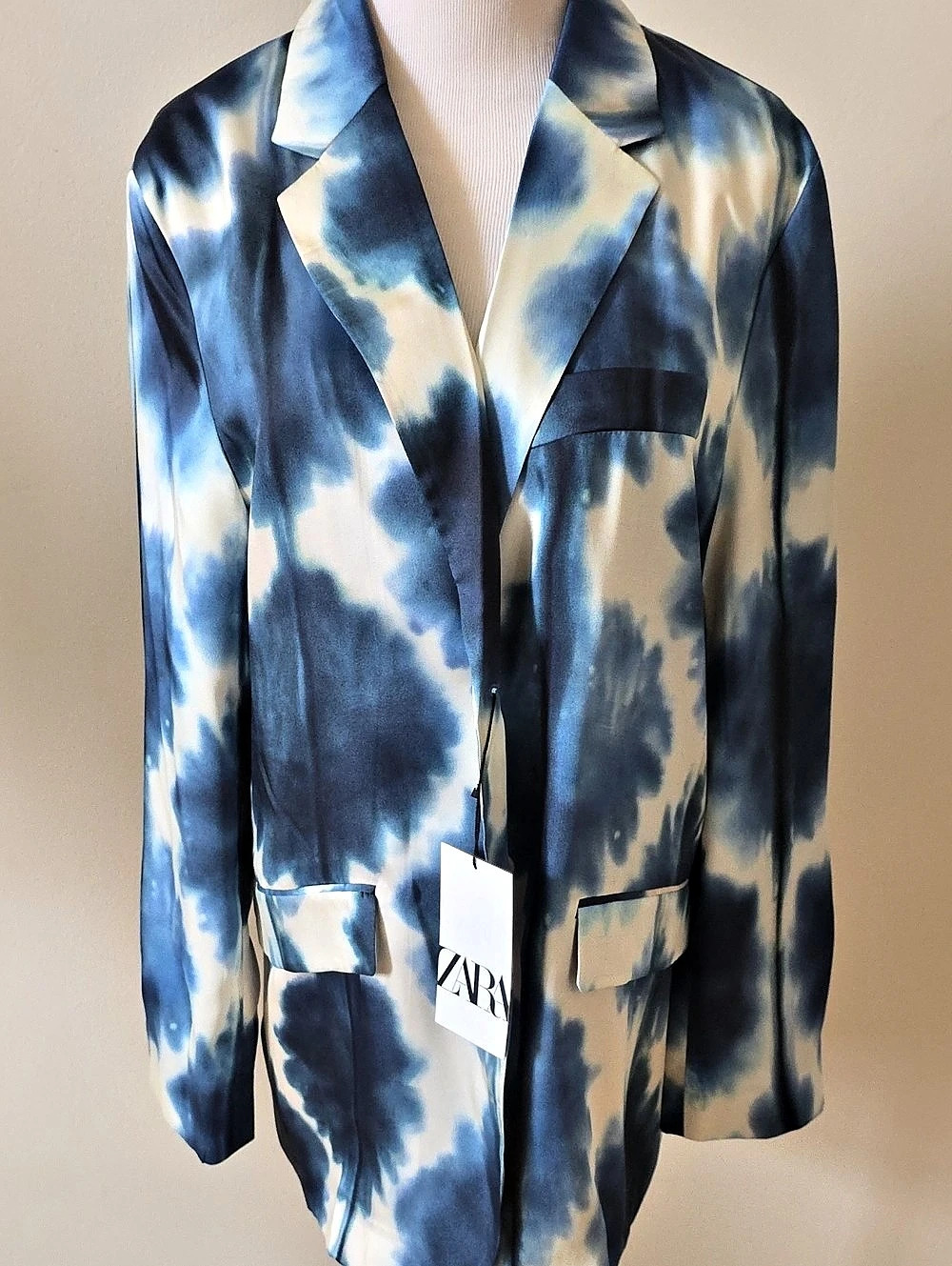 Zara Printed Satin Blazer Abstract Blue & White Size Medium